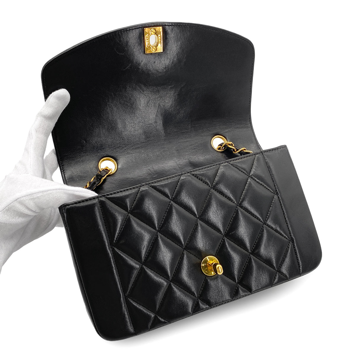 CHANEL VINTAGE DIANA SMALL CHAIN SHOULDER BAG BLACK LAMB SKIN 90273059