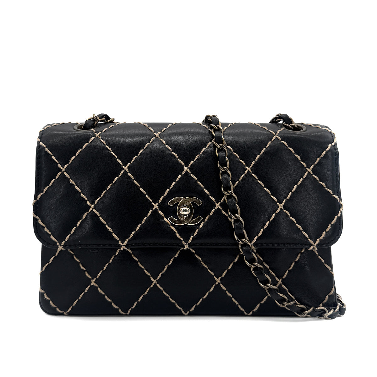 CHANEL VINTAGE WILD STITCH CHAIN SHOULDER BAG BLACK LEATHER 90273066