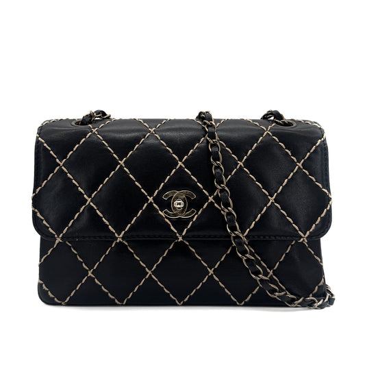 CHANEL VINTAGE WILD STITCH CHAIN SHOULDER BAG BLACK LEATHER 90273066