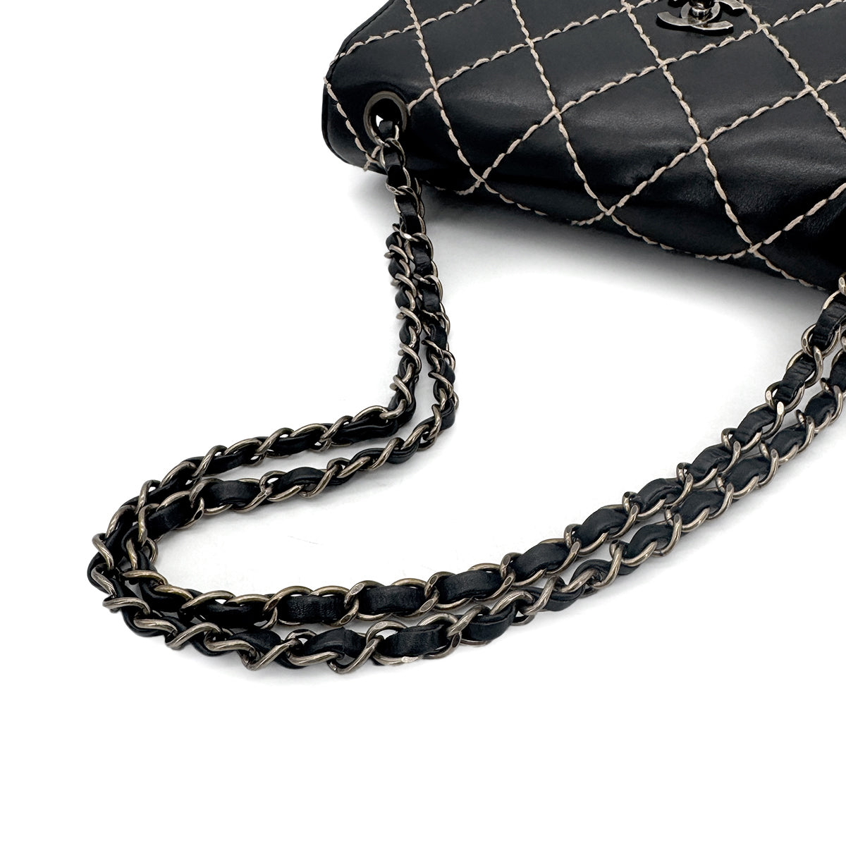 CHANEL VINTAGE WILD STITCH CHAIN SHOULDER BAG BLACK LEATHER 90273066