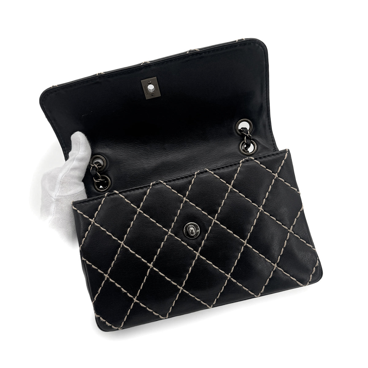 CHANEL VINTAGE WILD STITCH CHAIN SHOULDER BAG BLACK LEATHER 90273066