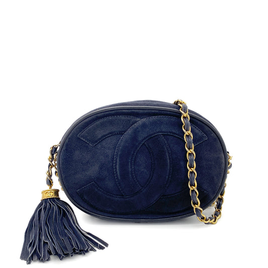 CHANEL VINTAGE FRINGE BIG COCO ROUND CHAIN SHOULDER BAG NAVY SUEDE 90273072