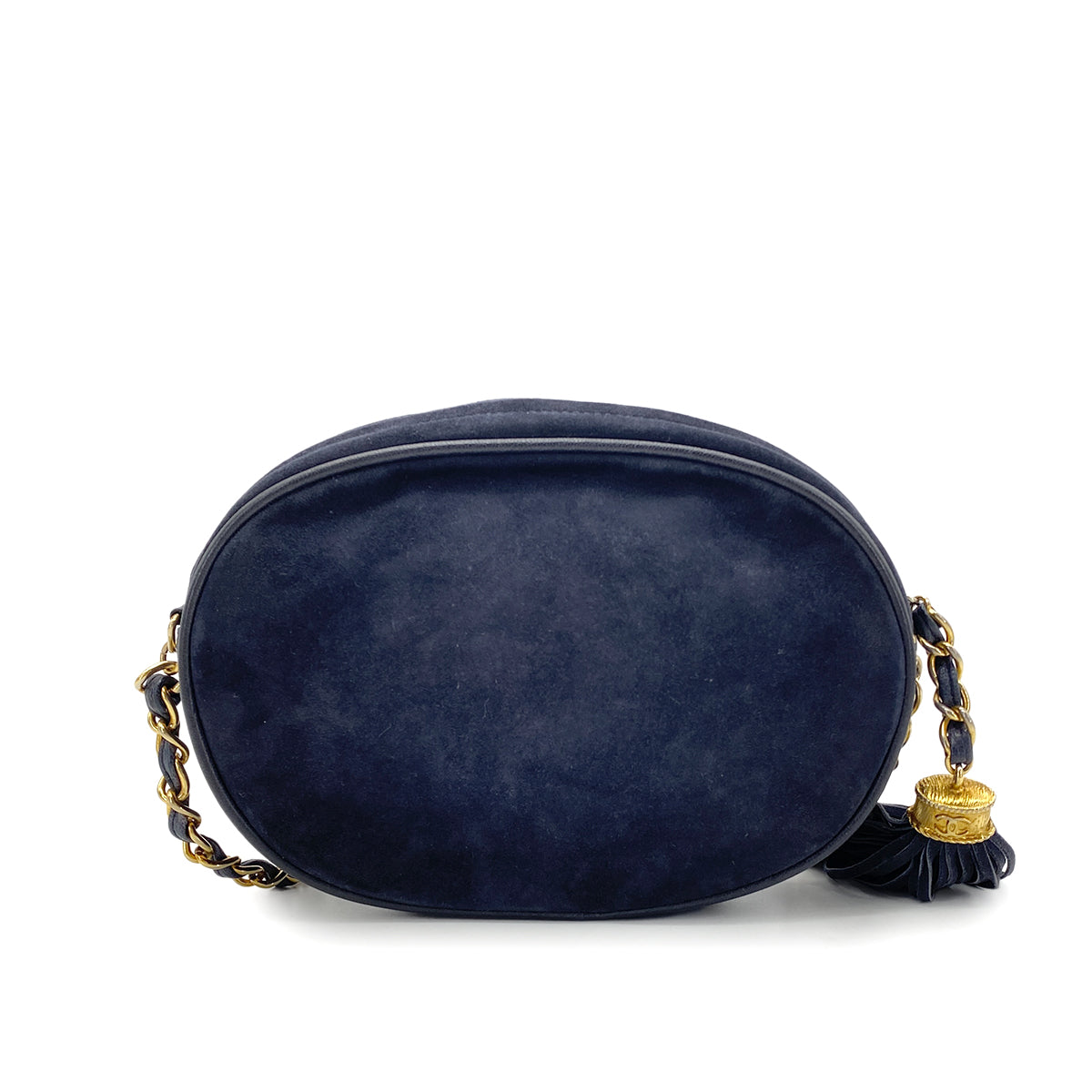 CHANEL VINTAGE FRINGE BIG COCO ROUND CHAIN SHOULDER BAG NAVY SUEDE 90273072