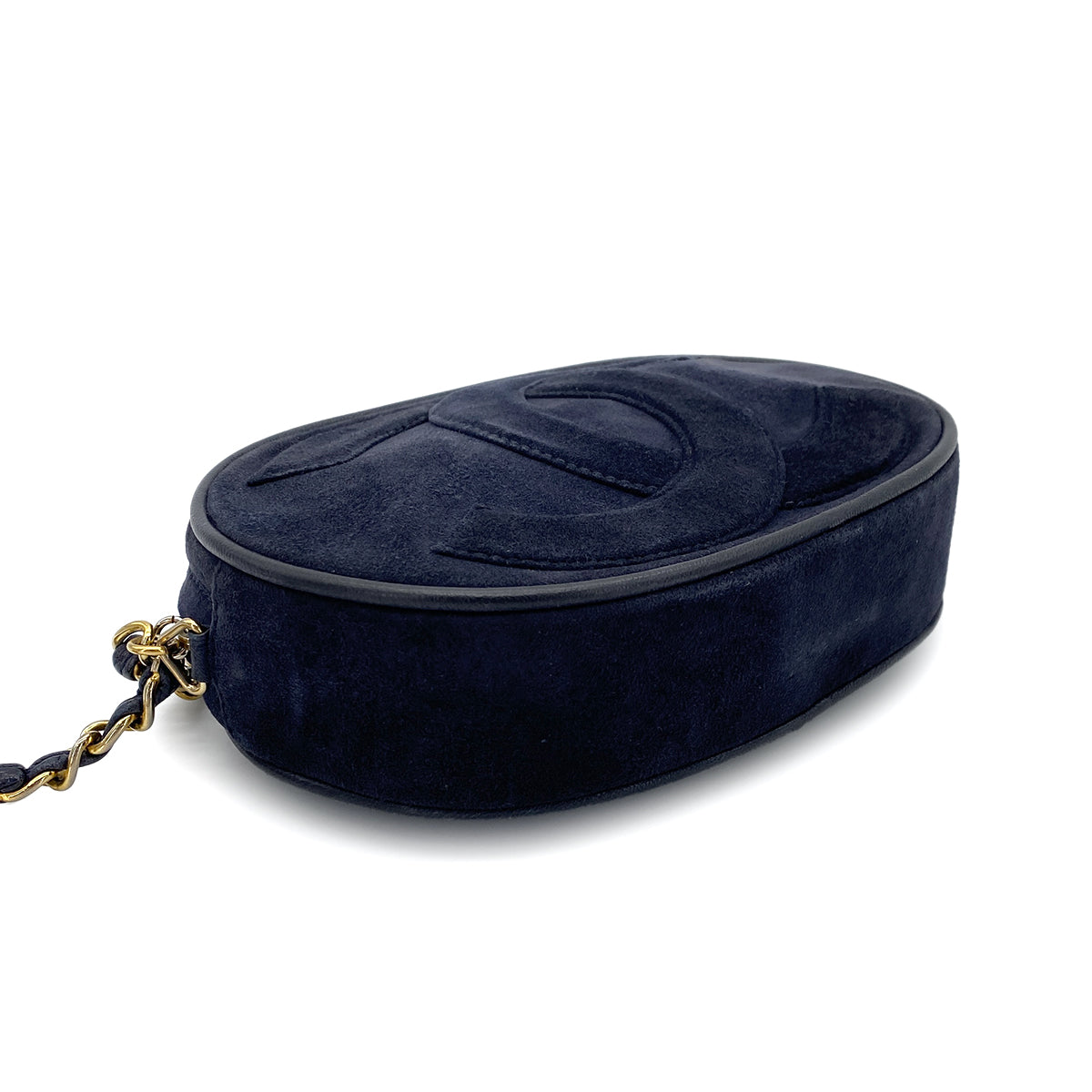 CHANEL VINTAGE FRINGE BIG COCO ROUND CHAIN SHOULDER BAG NAVY SUEDE 90273072