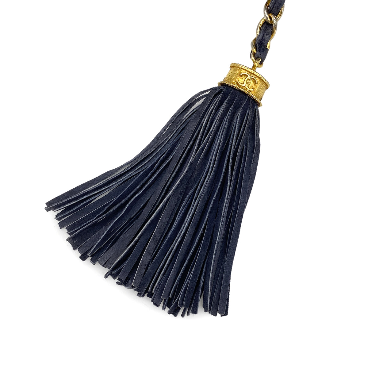 CHANEL VINTAGE FRINGE BIG COCO ROUND CHAIN SHOULDER BAG NAVY SUEDE 90273072