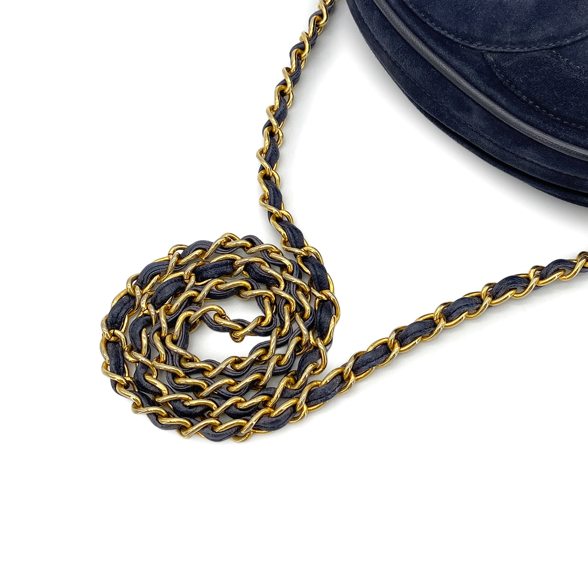 CHANEL VINTAGE FRINGE BIG COCO ROUND CHAIN SHOULDER BAG NAVY SUEDE 90273072