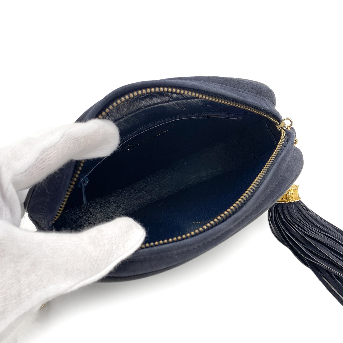 CHANEL VINTAGE FRINGE BIG COCO ROUND CHAIN SHOULDER BAG NAVY SUEDE 90273072