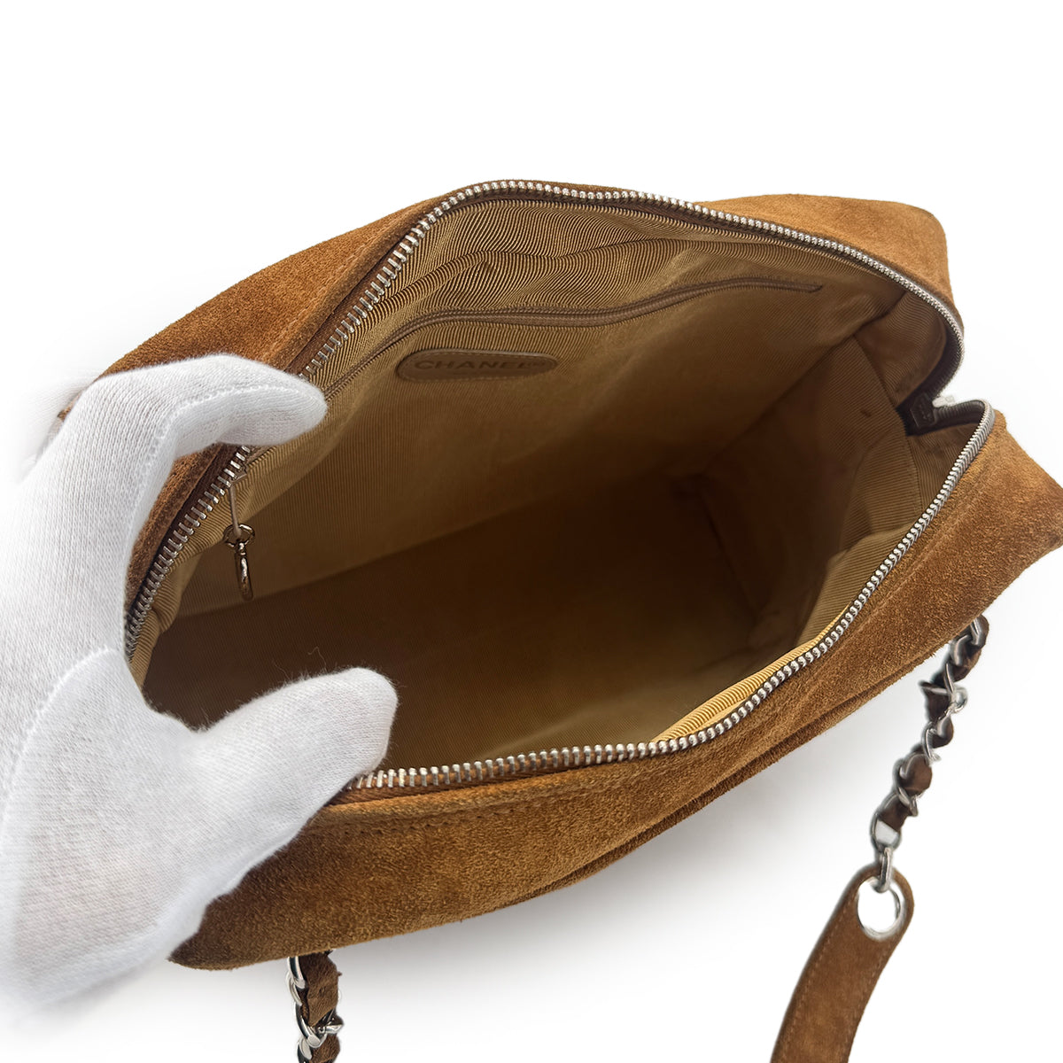 CHANEL VINTAGE TRIPLE COCO CHAIN SHOULDER BAG BROWN SUEDE  90273083