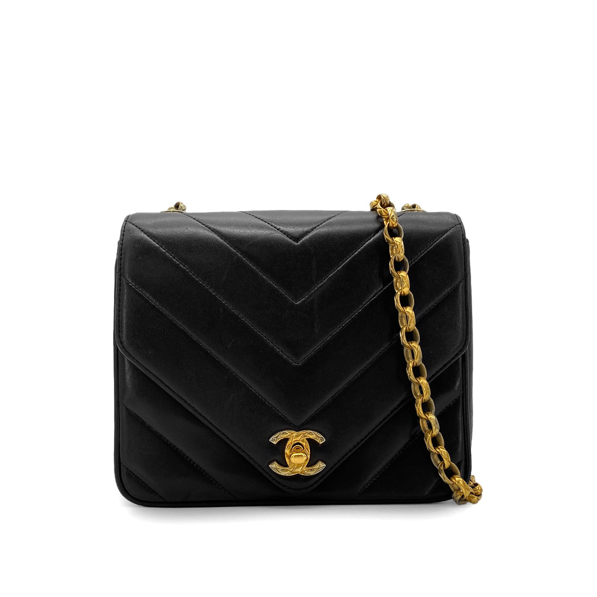 CHANEL VINTAGE CHEVRON BIJOU CHAIN SHOULDER BAG BLACK LAMB SKIN 90273084