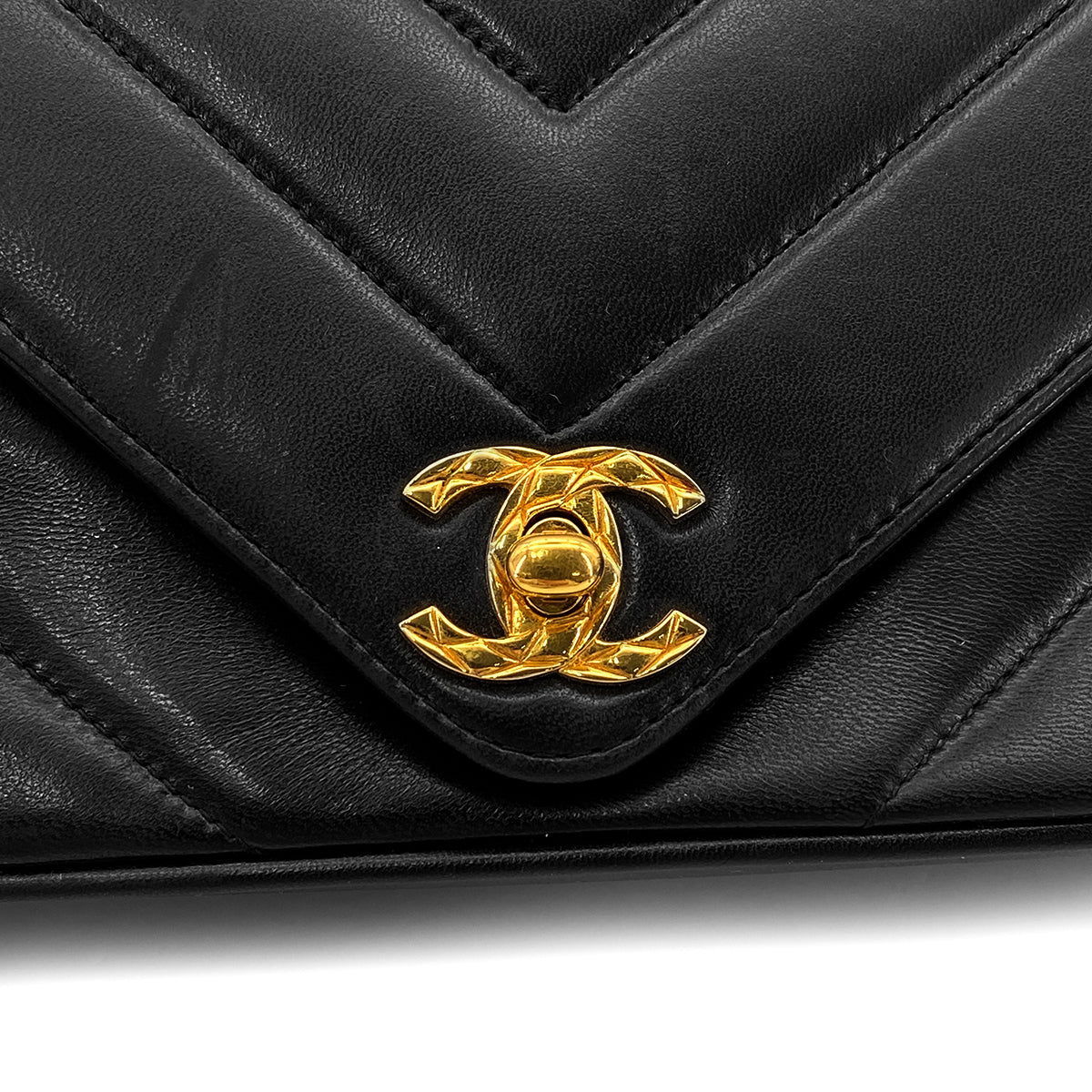 CHANEL VINTAGE CHEVRON BIJOU CHAIN SHOULDER BAG BLACK LAMB SKIN 90273084