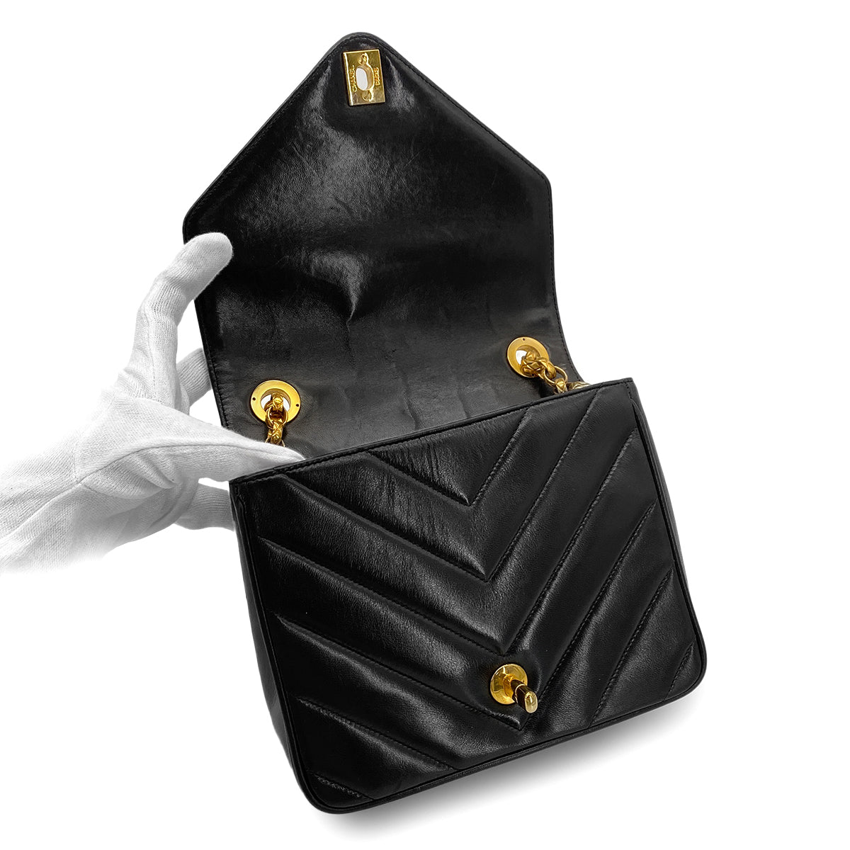 CHANEL VINTAGE CHEVRON BIJOU CHAIN SHOULDER BAG BLACK LAMB SKIN 90273084