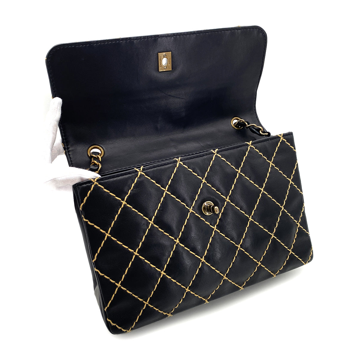 CHANEL VINTAGE WILD STITCH CHAIN SHOULDER BAG BLACK LEATHER 90273376