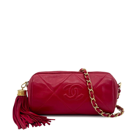 CHANEL VINTAGE FRINGE CHAIN SHOULDER BAG RED LAMB SKIN 90273377