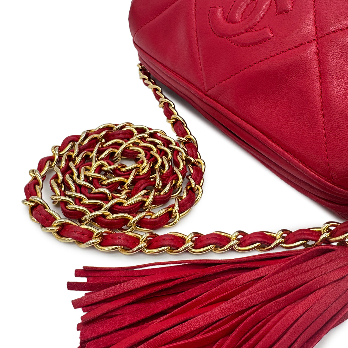 CHANEL VINTAGE FRINGE CHAIN SHOULDER BAG RED LAMB SKIN 90273377