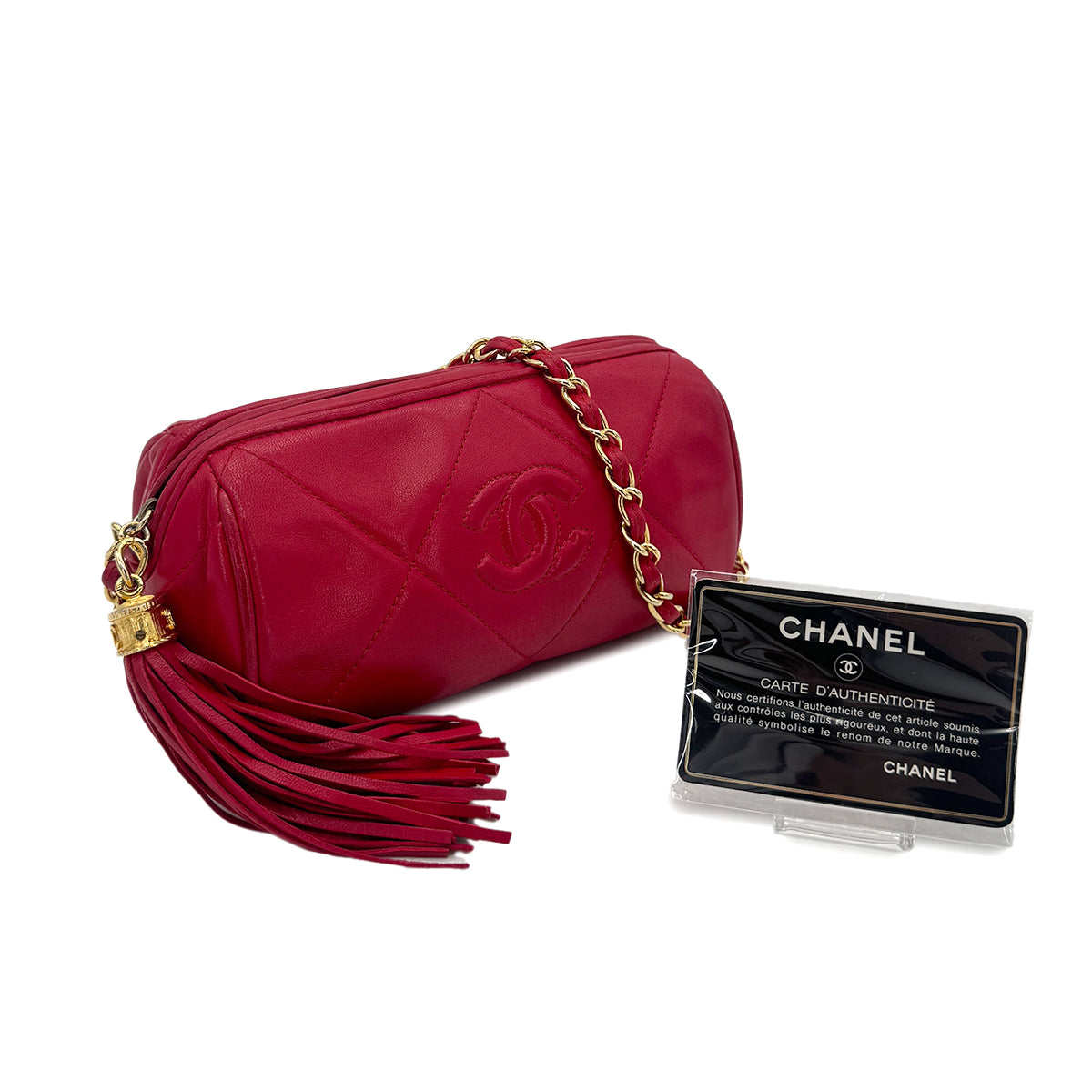 CHANEL VINTAGE FRINGE CHAIN SHOULDER BAG RED LAMB SKIN 90273377
