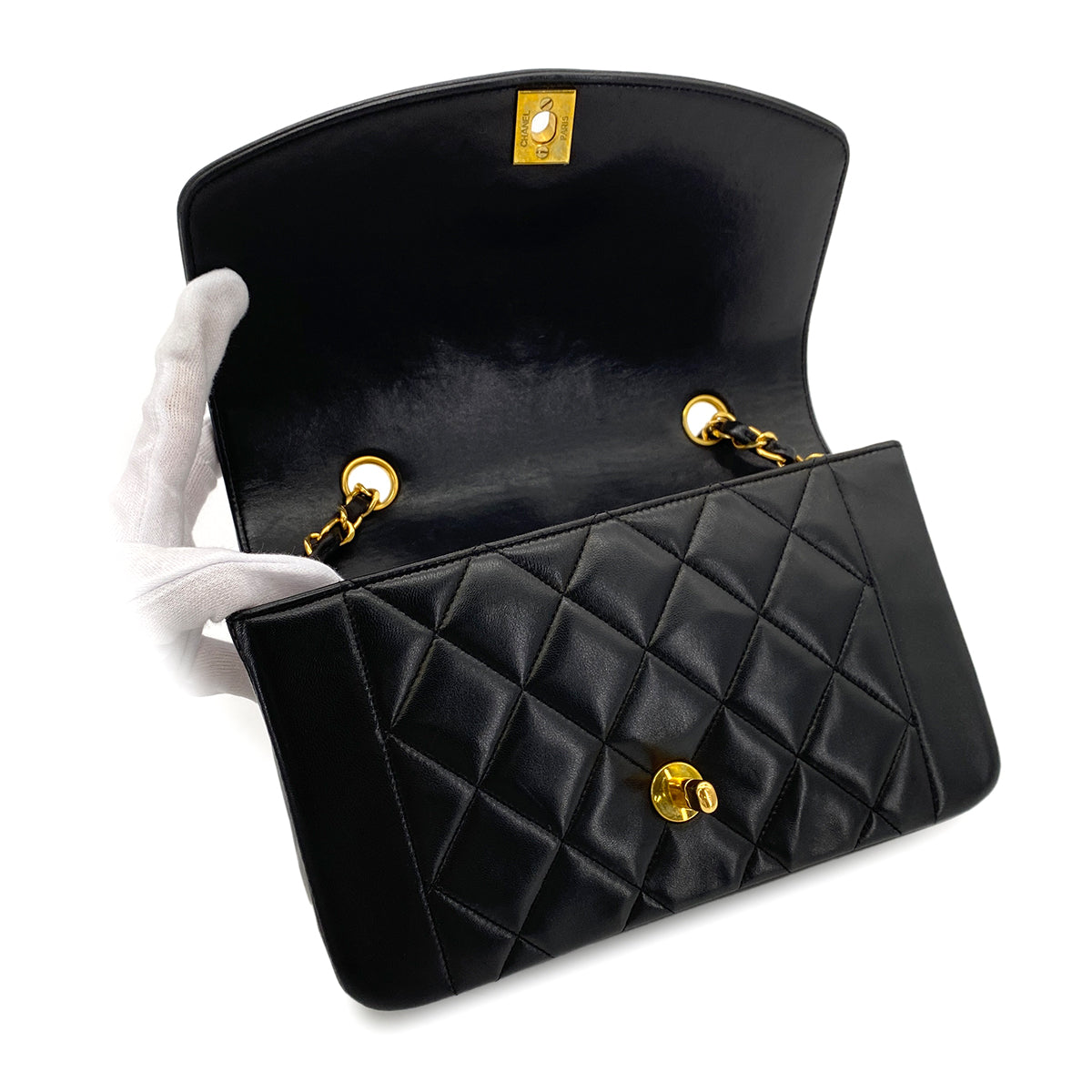 CHANEL VINTAGE DIANA SMALL CHAIN SHOULDER BAG BLACK LAMB SKIN 90273381