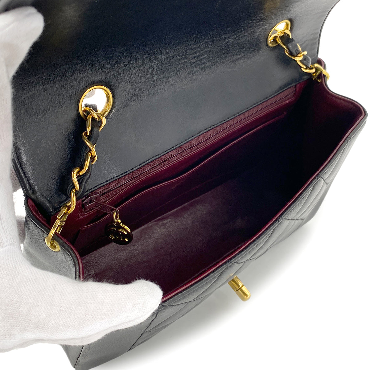 CHANEL VINTAGE DIANA SMALL CHAIN SHOULDER BAG BLACK LAMB SKIN 90273381