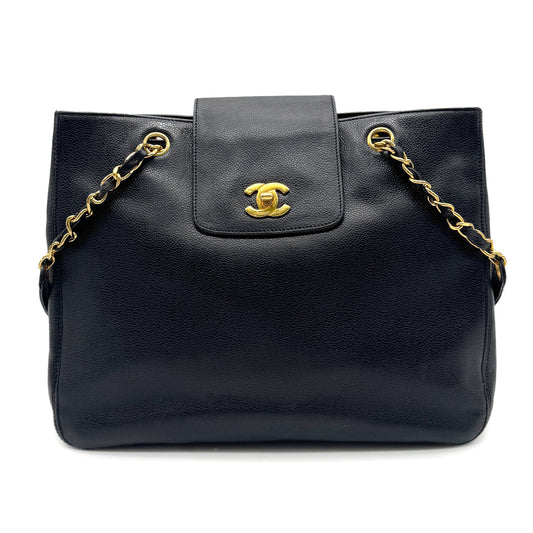 CHANEL VINTAGE CHAIN TOTE BAG BLACK CAVIAR SKIN 90273382
