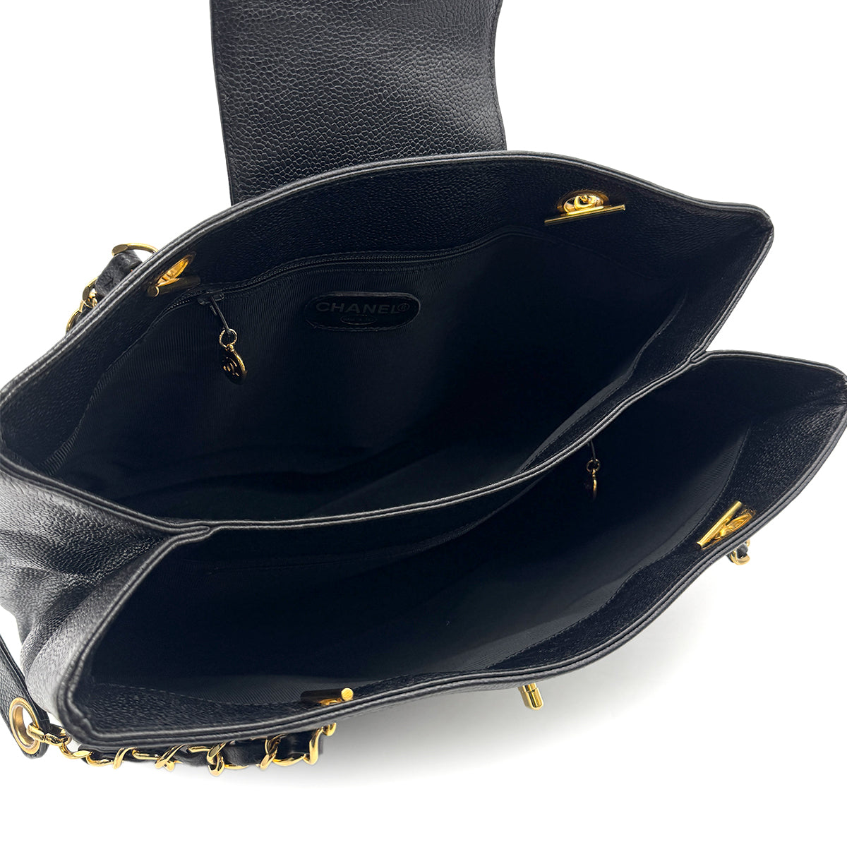 CHANEL VINTAGE CHAIN TOTE BAG BLACK CAVIAR SKIN 90273382