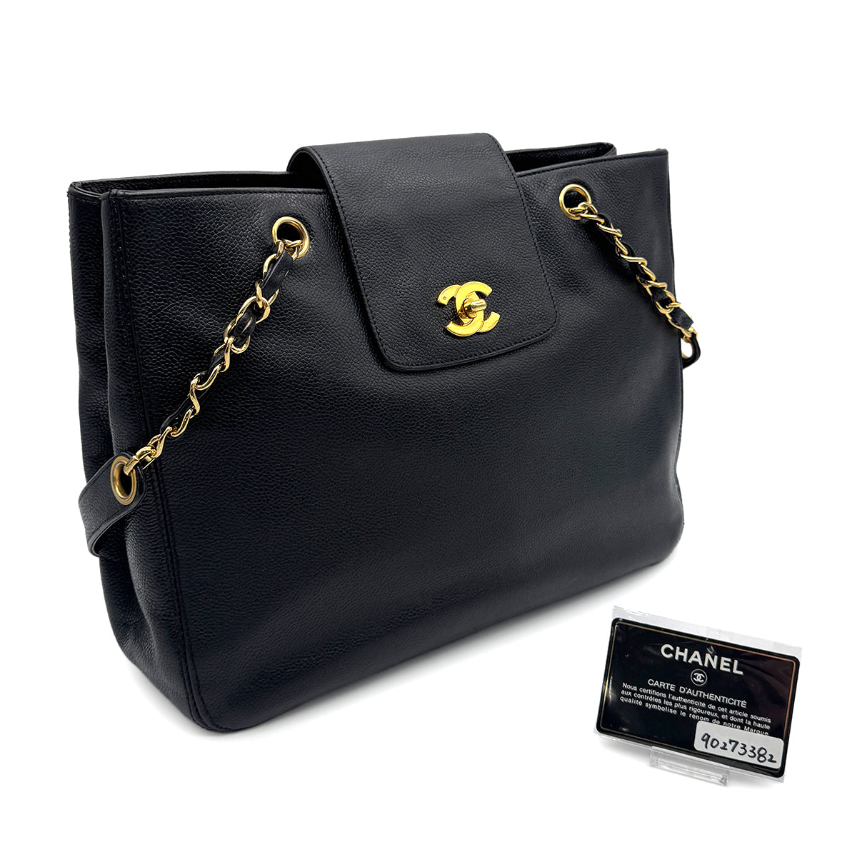 CHANEL VINTAGE CHAIN TOTE BAG BLACK CAVIAR SKIN 90273382