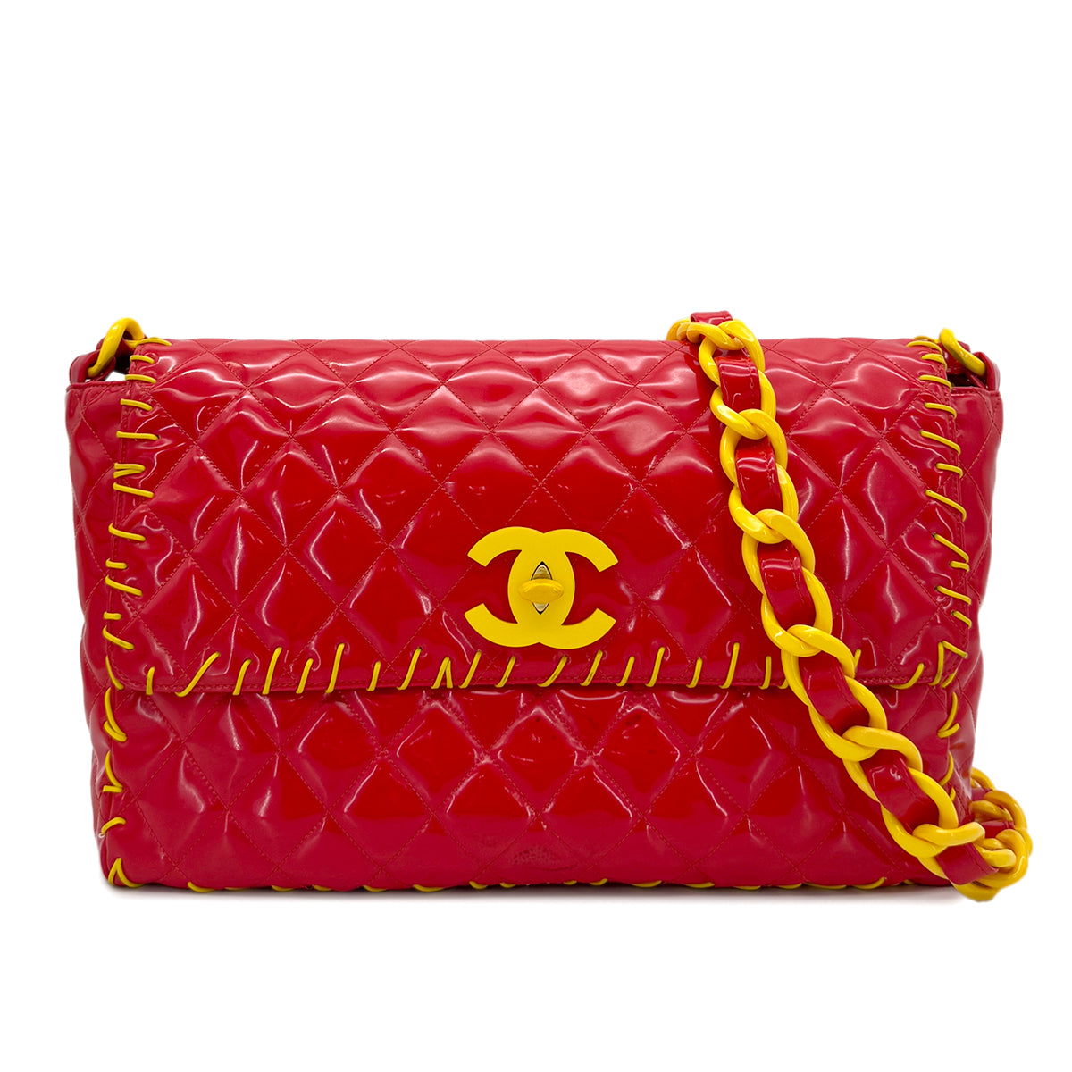 CHANEL VINTAGE MATELASSE PLASTIC CHAIN SHOULDER BAG RED YELLOW ENAMEL 90273388