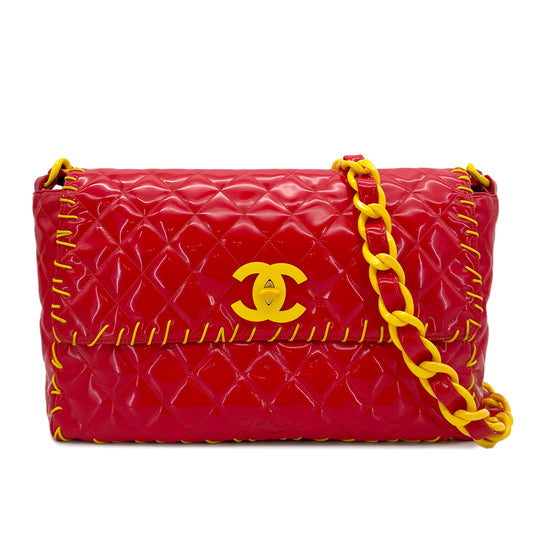 CHANEL VINTAGE MATELASSE PLASTIC CHAIN SHOULDER BAG RED YELLOW ENAMEL 90273388