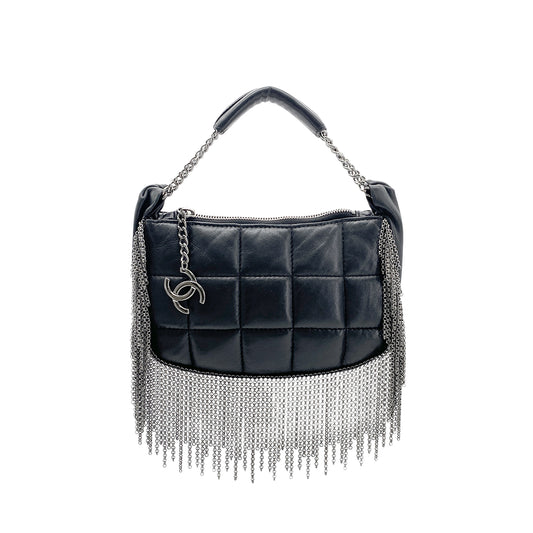 CHANEL CHOCOLATE BAR METALLIC FRINGE HAND BAG BLACK LAMB SKIN 90273400