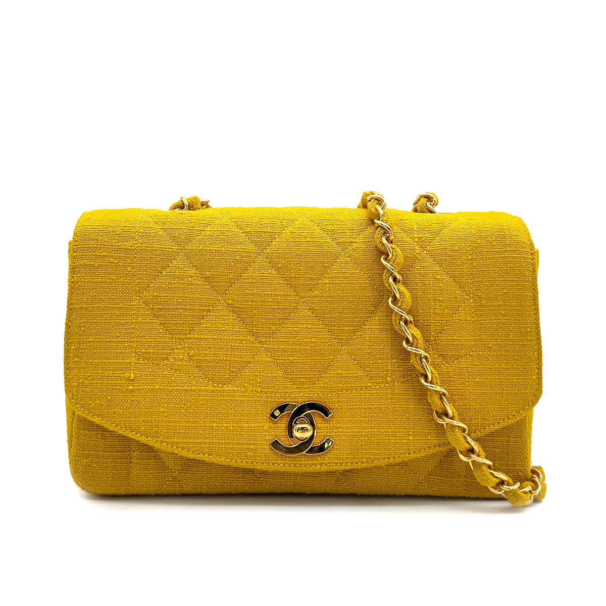 CHANEL VINTAGE DIANA SMALL CHAIN SHOULDER BAG YELLOW LINEN 90273870