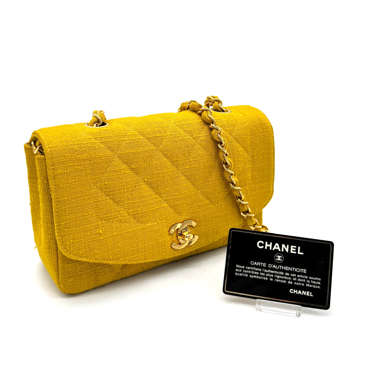 CHANEL VINTAGE DIANA SMALL CHAIN SHOULDER BAG YELLOW LINEN 90273870
