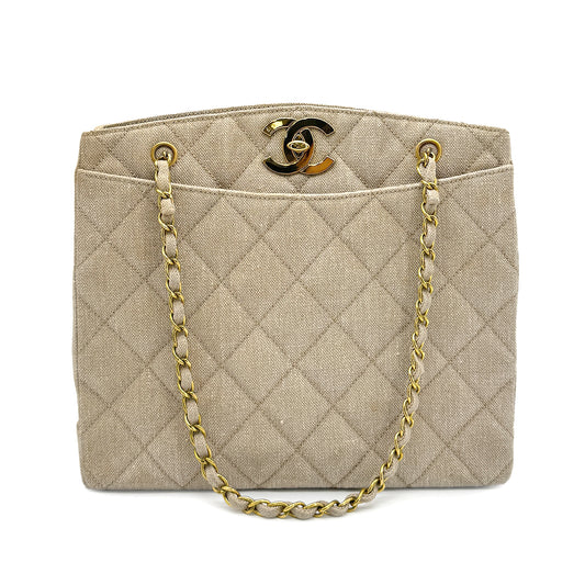 CHANEL VINTAGE COCOMARK CHAIN SHOULDER BAG BEIGE LINEN 90273873