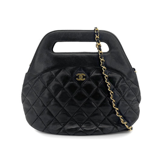 CHANEL VINTAGE MATELASSE HAND SHOULDER BAG BLACK LAMB SKIN 90273876