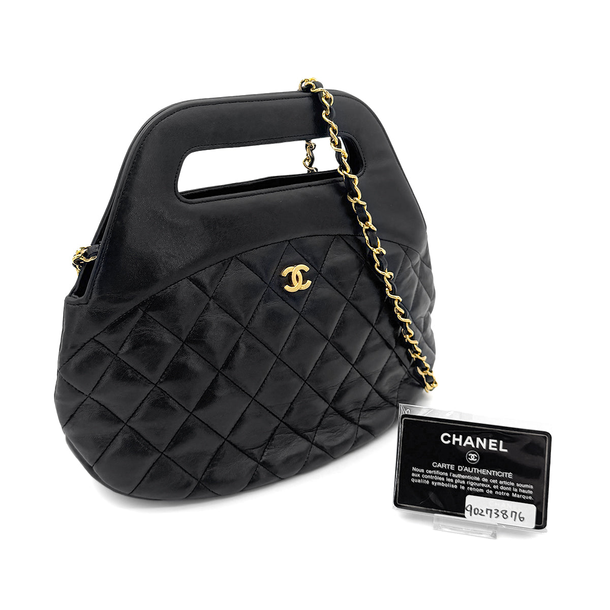 CHANEL VINTAGE MATELASSE HAND SHOULDER BAG BLACK LAMB SKIN 90273876