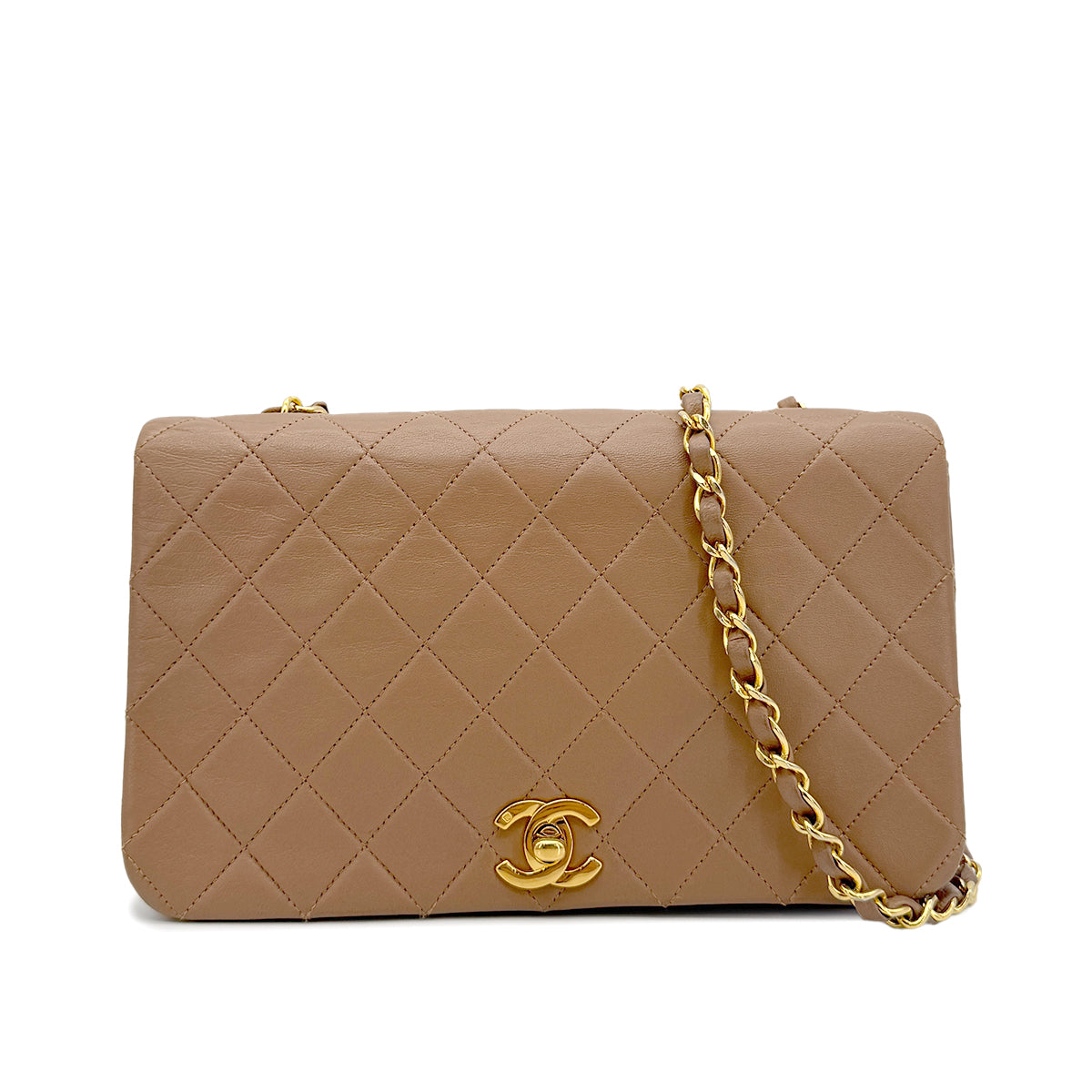 CHANEL VINTAGE FULL FLAP CHAIN SHOULDER BAG MILK TEA LAMB SKIN 90273877
