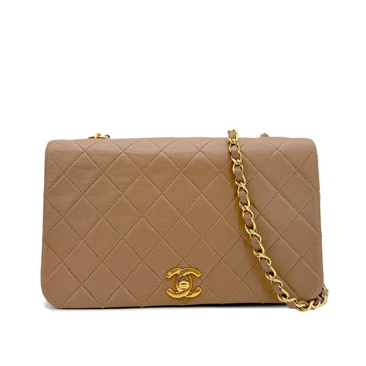 CHANEL VINTAGE FULL FLAP CHAIN SHOULDER BAG MILK TEA LAMB SKIN 90273877