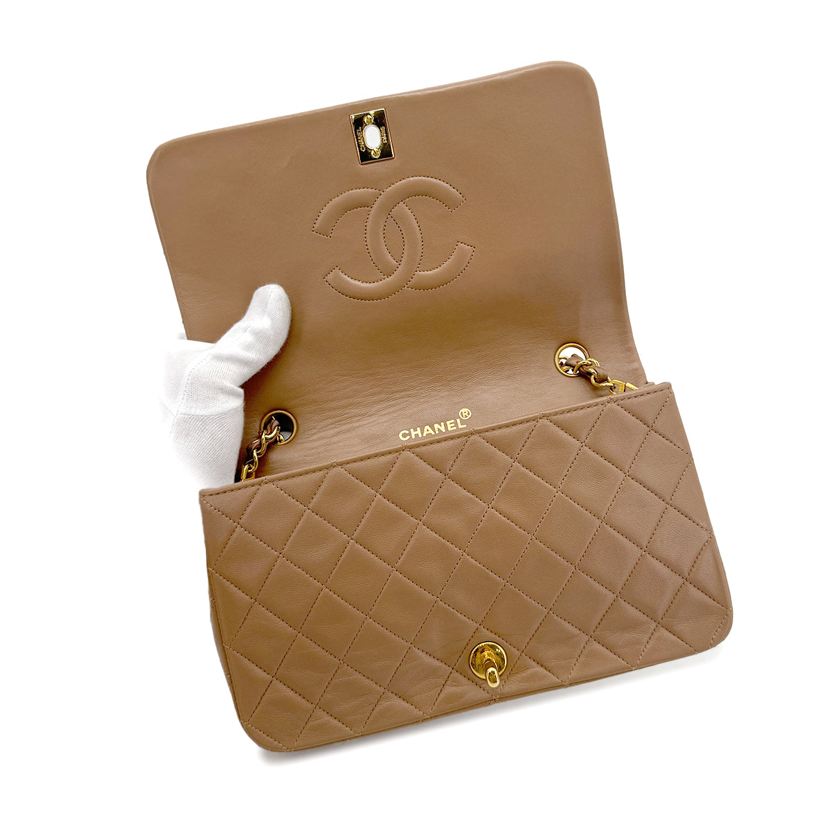 CHANEL VINTAGE FULL FLAP CHAIN SHOULDER BAG MILK TEA LAMB SKIN 90273877