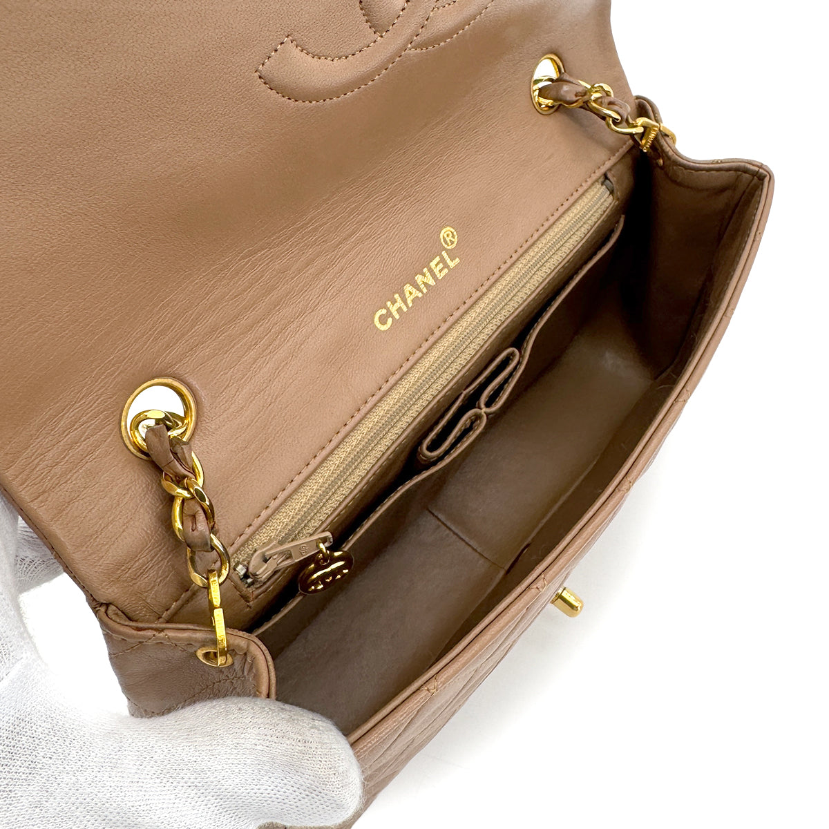 CHANEL VINTAGE FULL FLAP CHAIN SHOULDER BAG MILK TEA LAMB SKIN 90273877