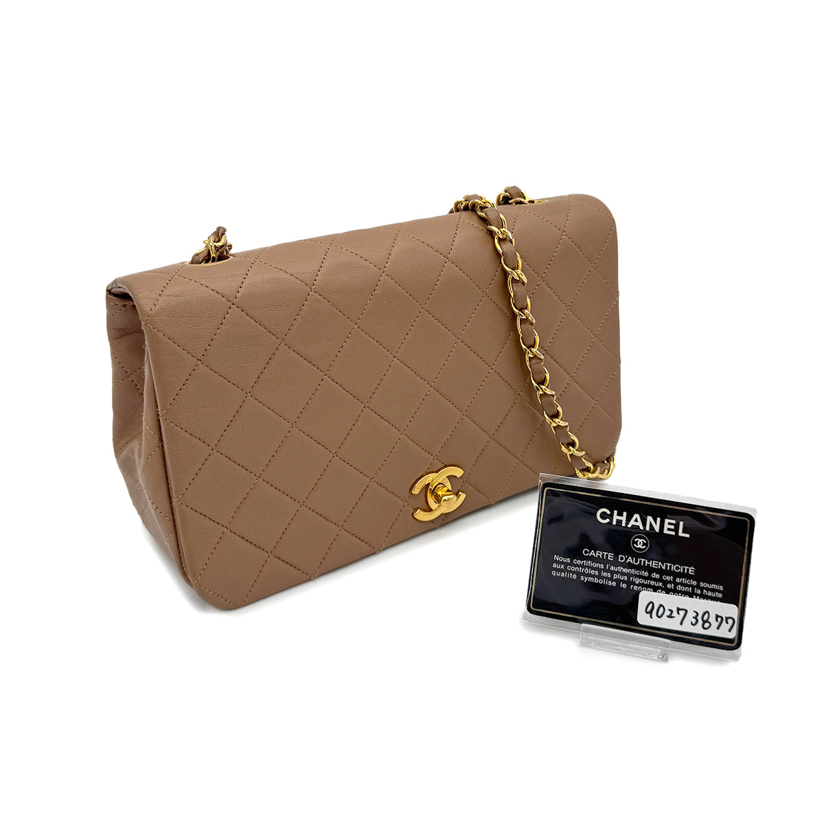 CHANEL VINTAGE FULL FLAP CHAIN SHOULDER BAG MILK TEA LAMB SKIN 90273877