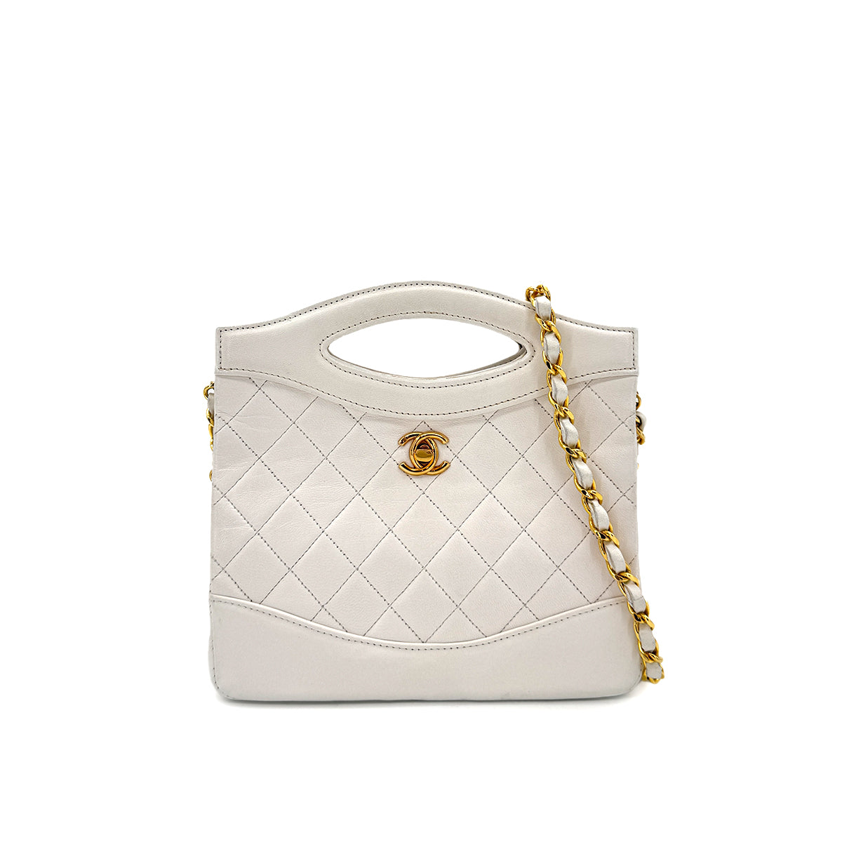 CHANEL VINTAGE 2WAY HAND CHAIN SHOULDER BAG WHITE LAMB SKIN 90273879