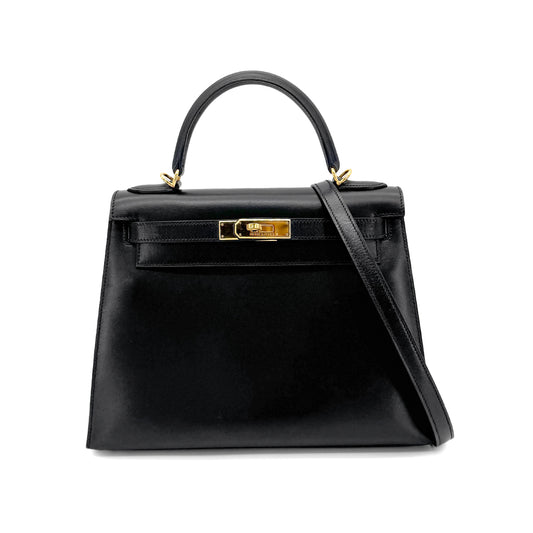 HERMES KELLY 28 SELLIER BLACK BOXCALF HAND SHOULDER BAG □D GHW 90273890