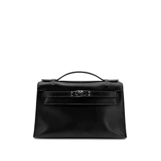 HERMES KELLY POCHETTE SELLIER BLACK EVERCALF HAND BAG □I SHW 90273895