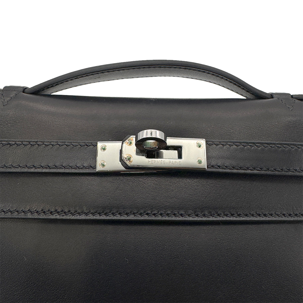 HERMES KELLY POCHETTE SELLIER BLACK EVERCALF HAND BAG □I SHW 90273895