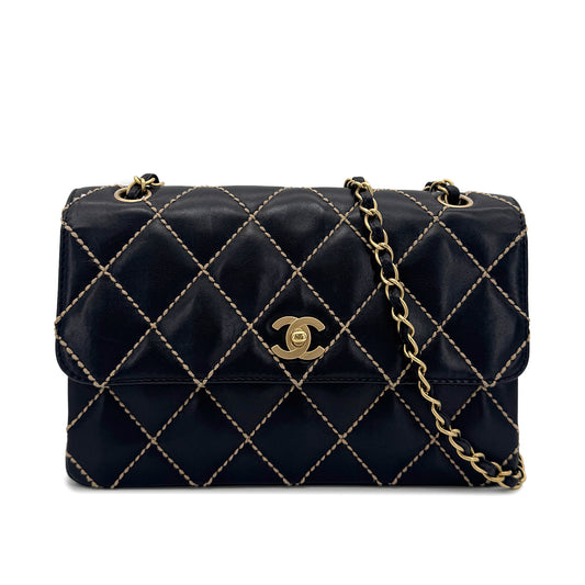 CHANEL VINTAGE MATELASSE WILD STITCH CHAIN SHOULDER BAG BLACK LEATHER 90273897