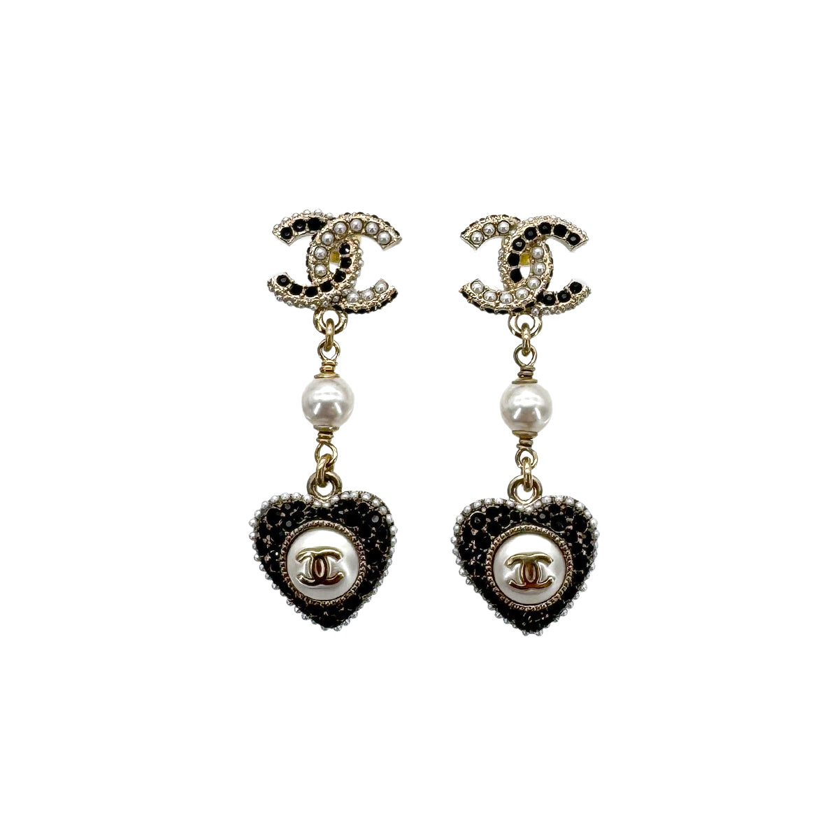 CHANEL EARRINGS COCOMARK HEART FAUX PEARL RHINESTONE ACCESSORY C22B 90273920