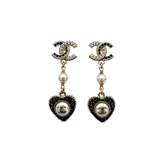 CHANEL EARRINGS COCOMARK HEART FAUX PEARL RHINESTONE ACCESSORY C22B 90273920