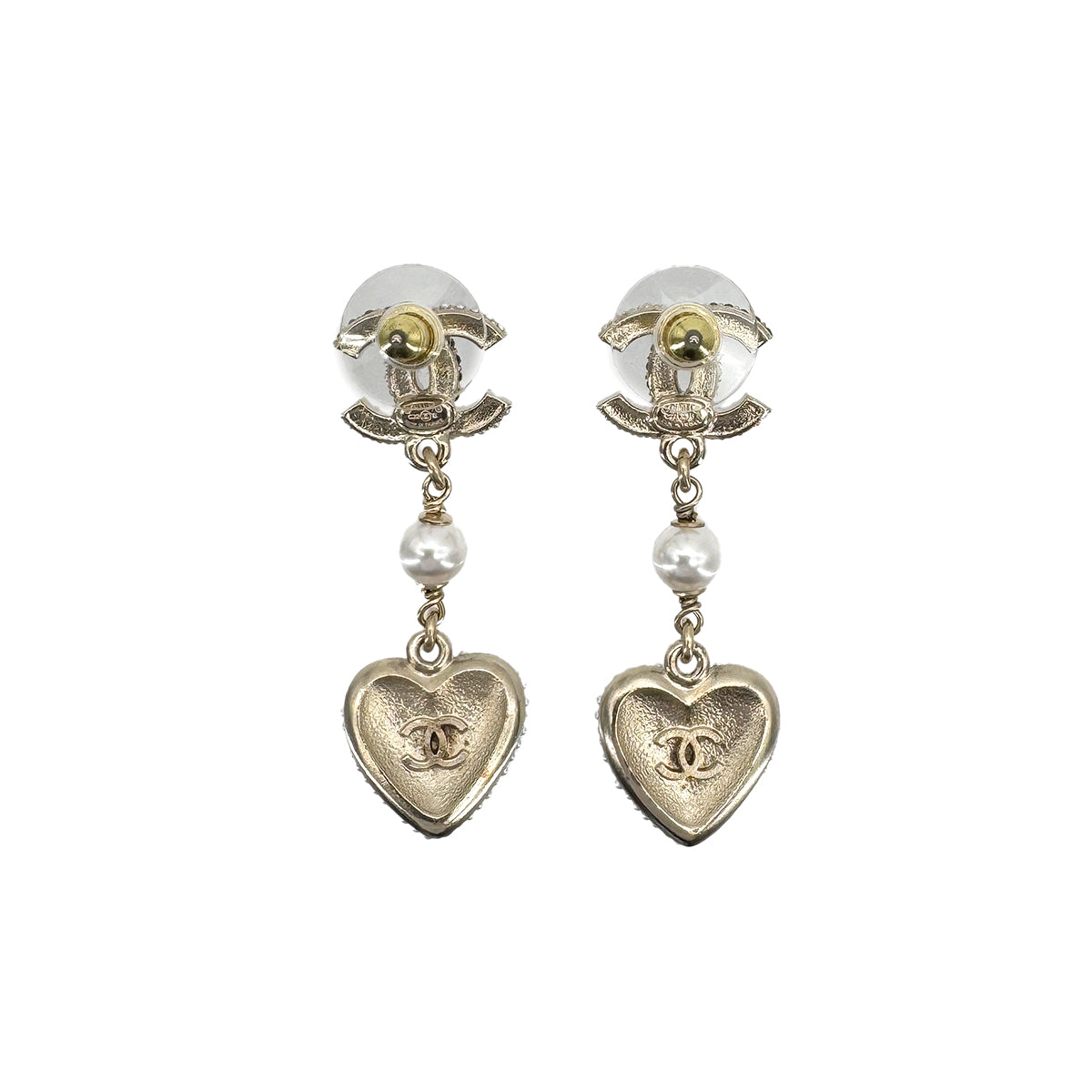 CHANEL EARRINGS COCOMARK HEART FAUX PEARL RHINESTONE ACCESSORY C22B 90273920