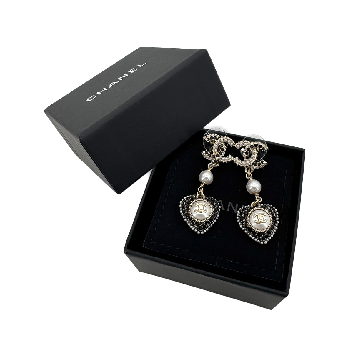 CHANEL EARRINGS COCOMARK HEART FAUX PEARL RHINESTONE ACCESSORY C22B 90273920
