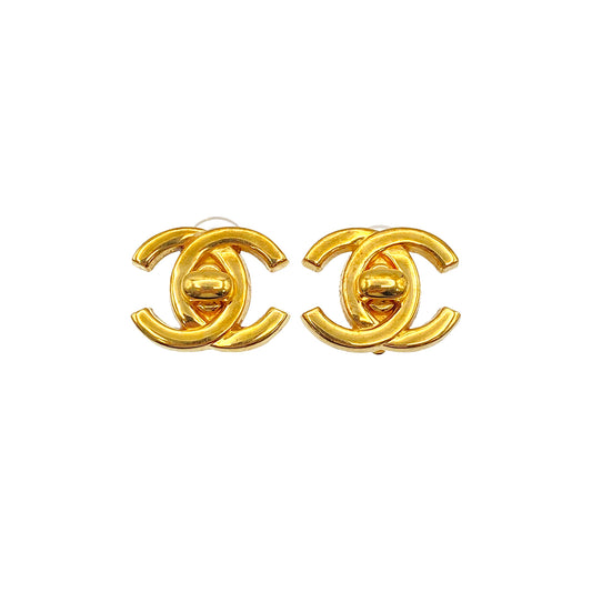 CHANEL VINTAGE EARRINGS TURN LOCK GOLD ACCESSORY 96P 90273941