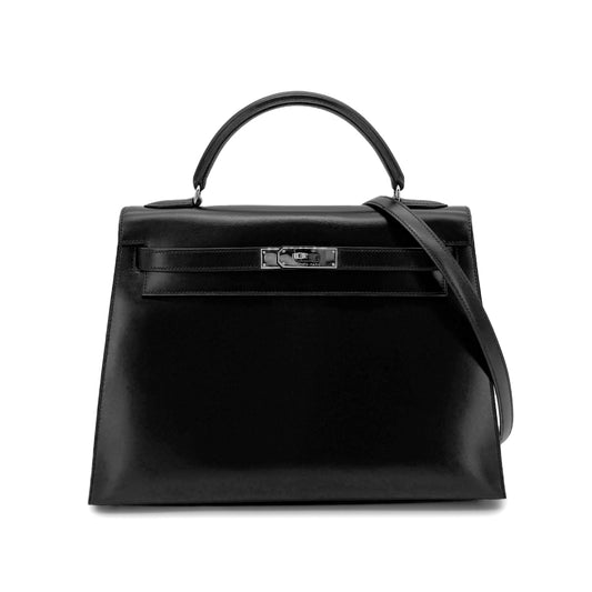HERMES KELLY 32 SELLIER BLACK BOX CALF HAND SHOULDER BAG □C SHW 90274041