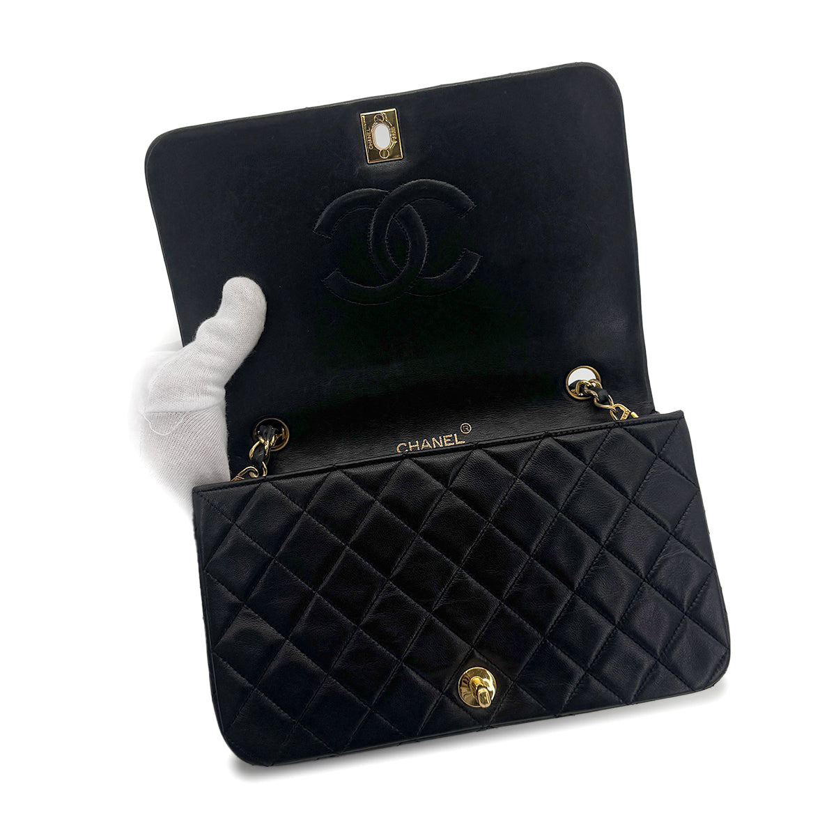 CHANEL VINTAGE FULL FLAP CHAIN SHOULDER BAG BLACK LAMB SKIN 90274042