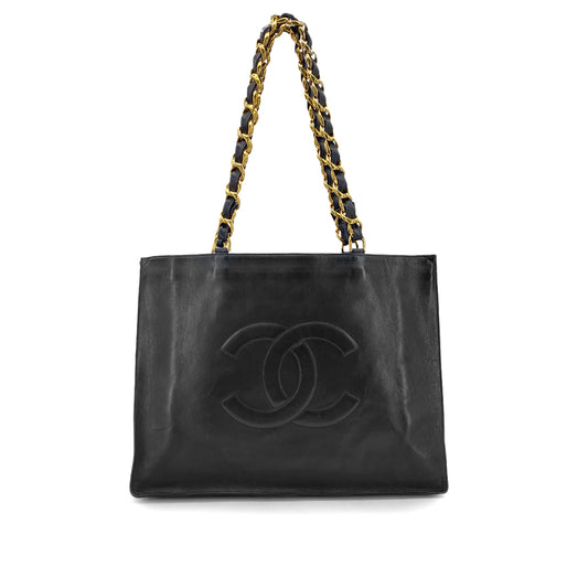 CHANEL VINTAGE BIG COCO CHAIN TOTE BAG BLACK LAMB SKIN 90274043